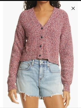 Rag & Bone Kara Red and White Speckled Knit Cotton Button Front Chunky Cardigan